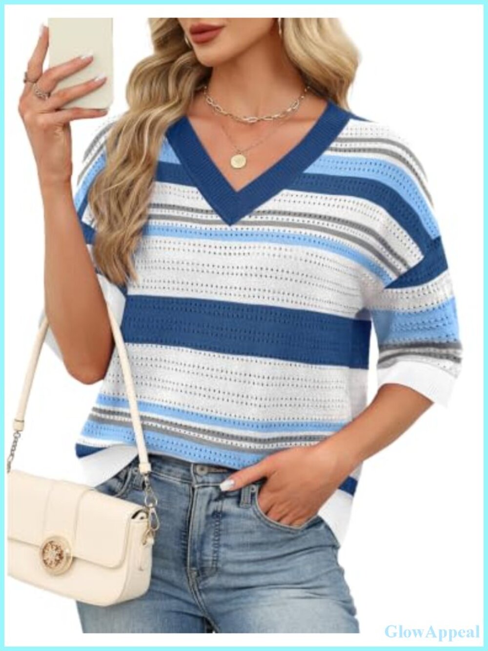 Oversized 3/4 Sleeve Sweater Pullover Hollow Out Knit Women's Fall